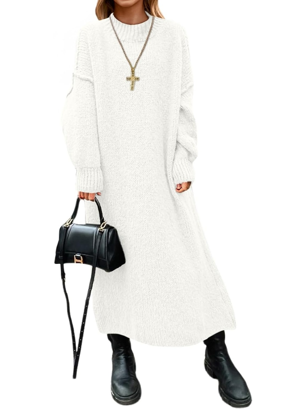🆕 Women's White Solid Chunky Knit Long Sweater Dress Loose Fit Cozy Apparel